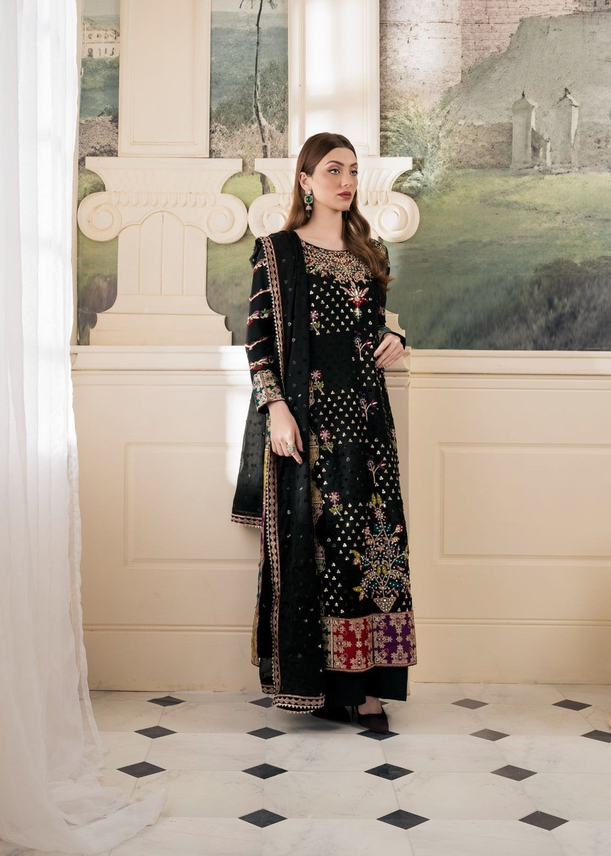 Festive Wear Black Embroidered Chiffon Suit Online in Sri Lanka India Australia