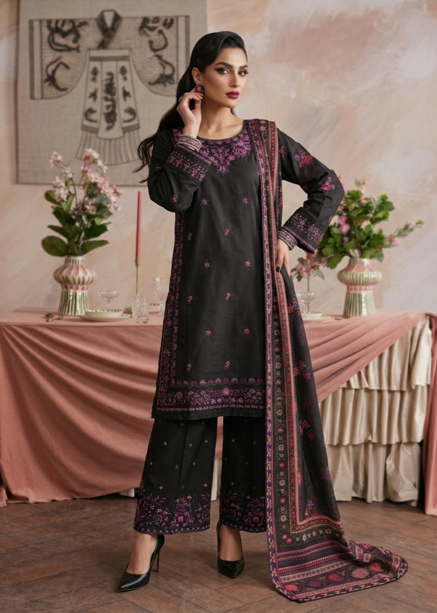 Festive Wear Black Embroidered Cotton Suit Online in Sri Lanka India Australia