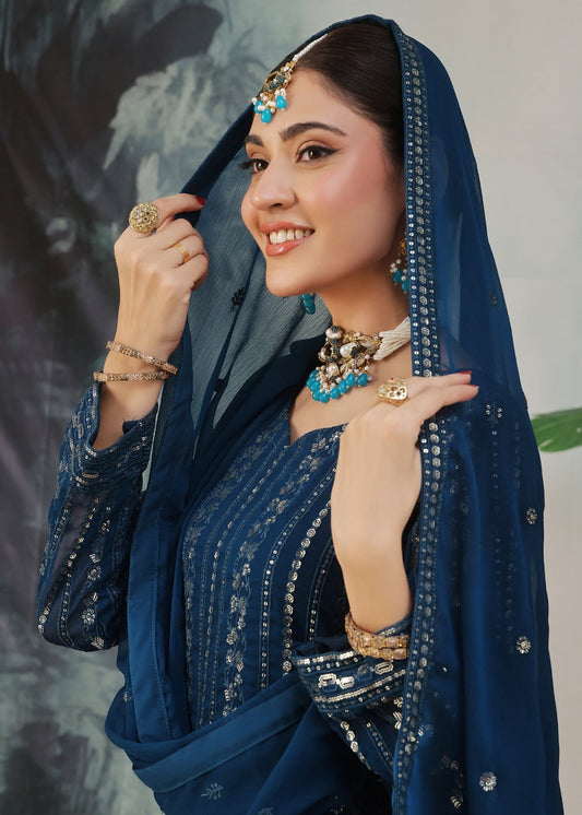 Festive Wear Blue Chiffon Embroidered Dupatta Set Online in Sri Lanka India Australia