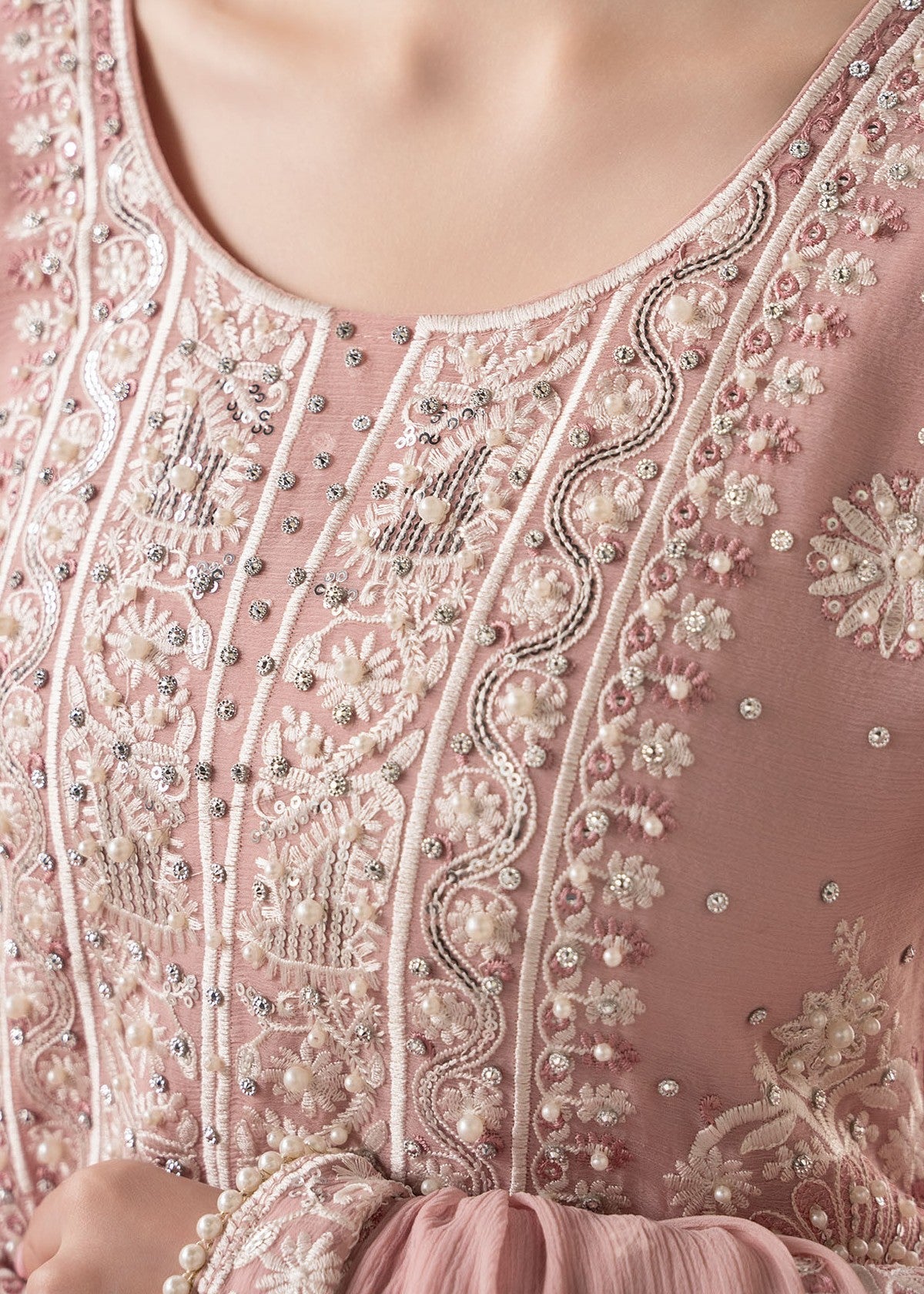 Festive Wear Blush Pink Embroidered Chiffon Dress Online in Dubai UAE Abudhabi Ajman Sharjah