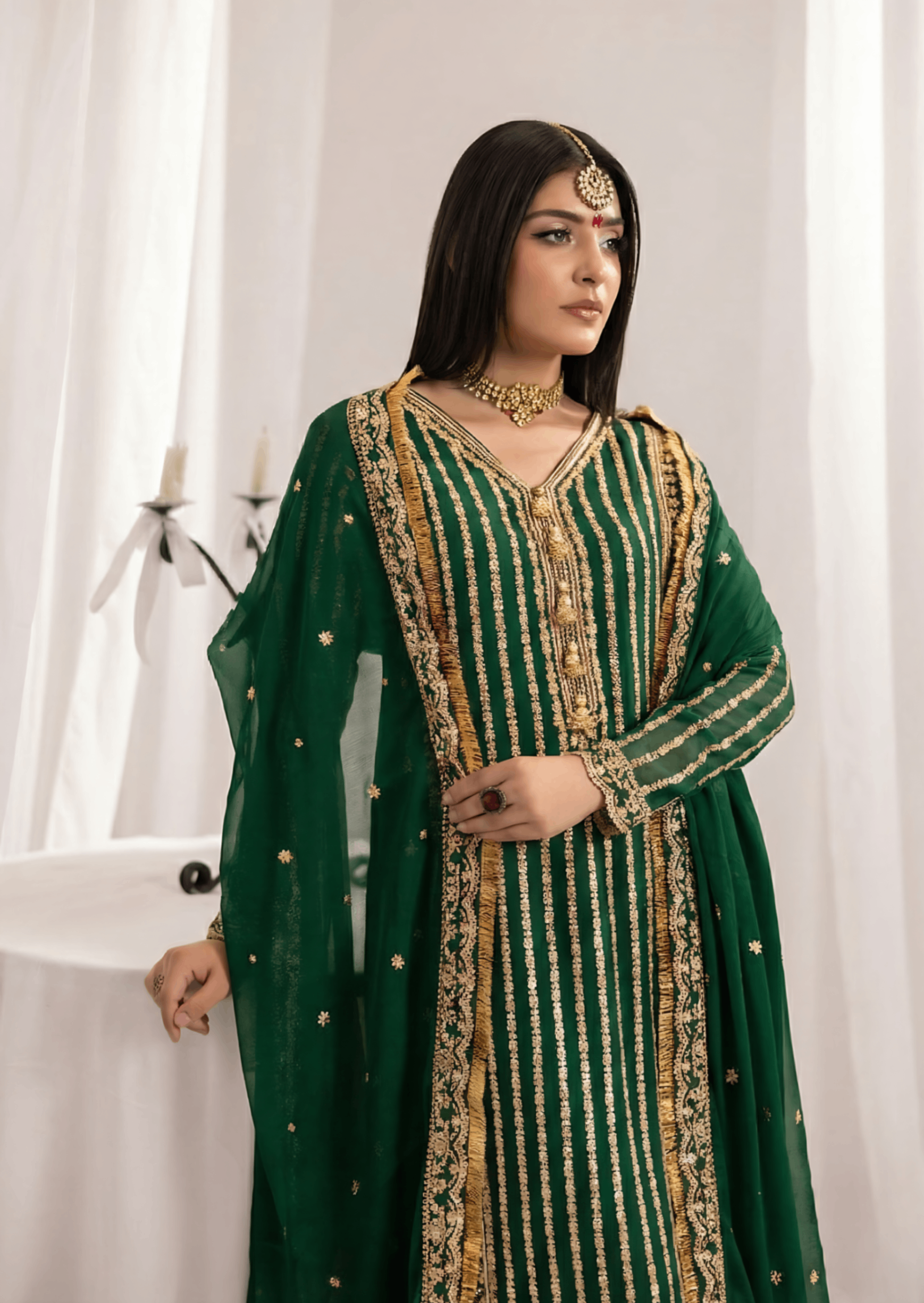 Festive Wear Bottle Green Embroidered Kurta with Dupatta Online in Sri Lanka India Australia