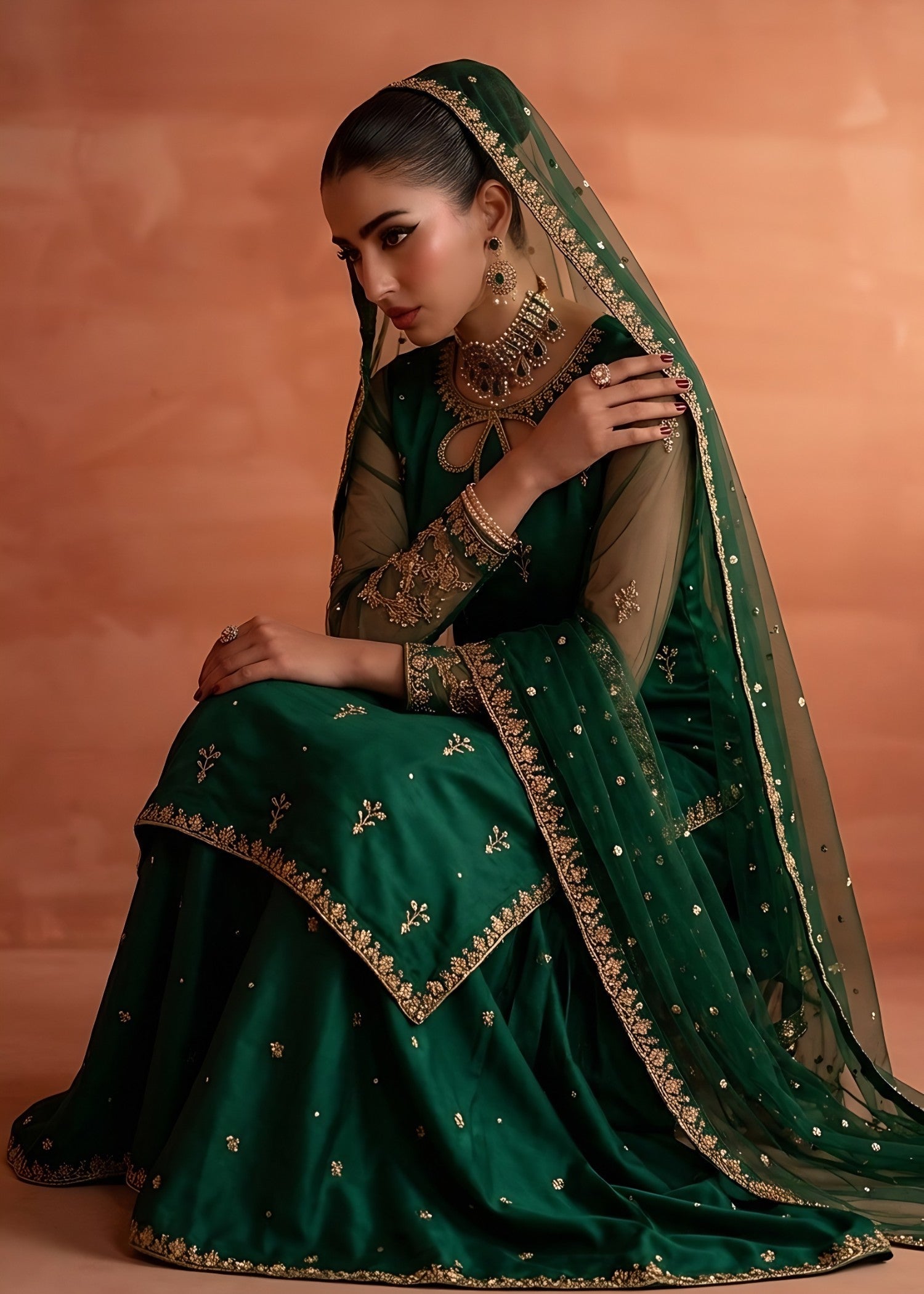 Festive Wear Bottle Green Sharara Suit with Net Dupatta Online in Sri Lanka India Australia