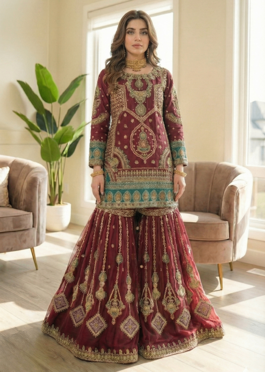 Festive Wear Burgundy Gharara Organza Top Online in Sri Lanka India Australia
