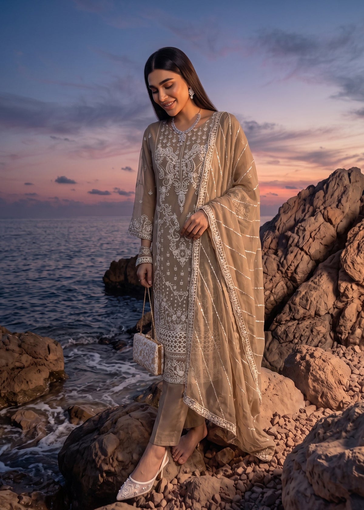Festive Wear Camel Brown Chiffon Pakistani Designer Suits Online in Sri Lanka India Australia