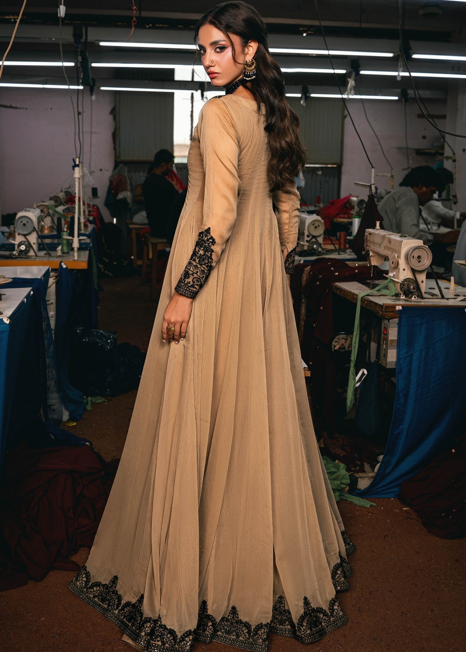Festive Wear Camel Brown Chiffon Pishwas with Sequin Work Online in Sri Lanka India Australia