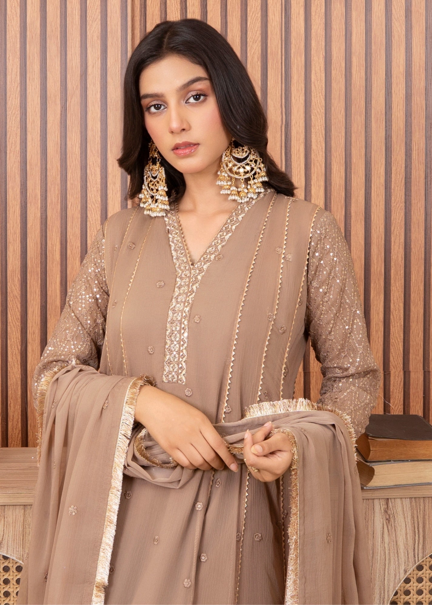 Festive Wear Camel Brown Chiffon Suit Online in Sri Lanka India Australia