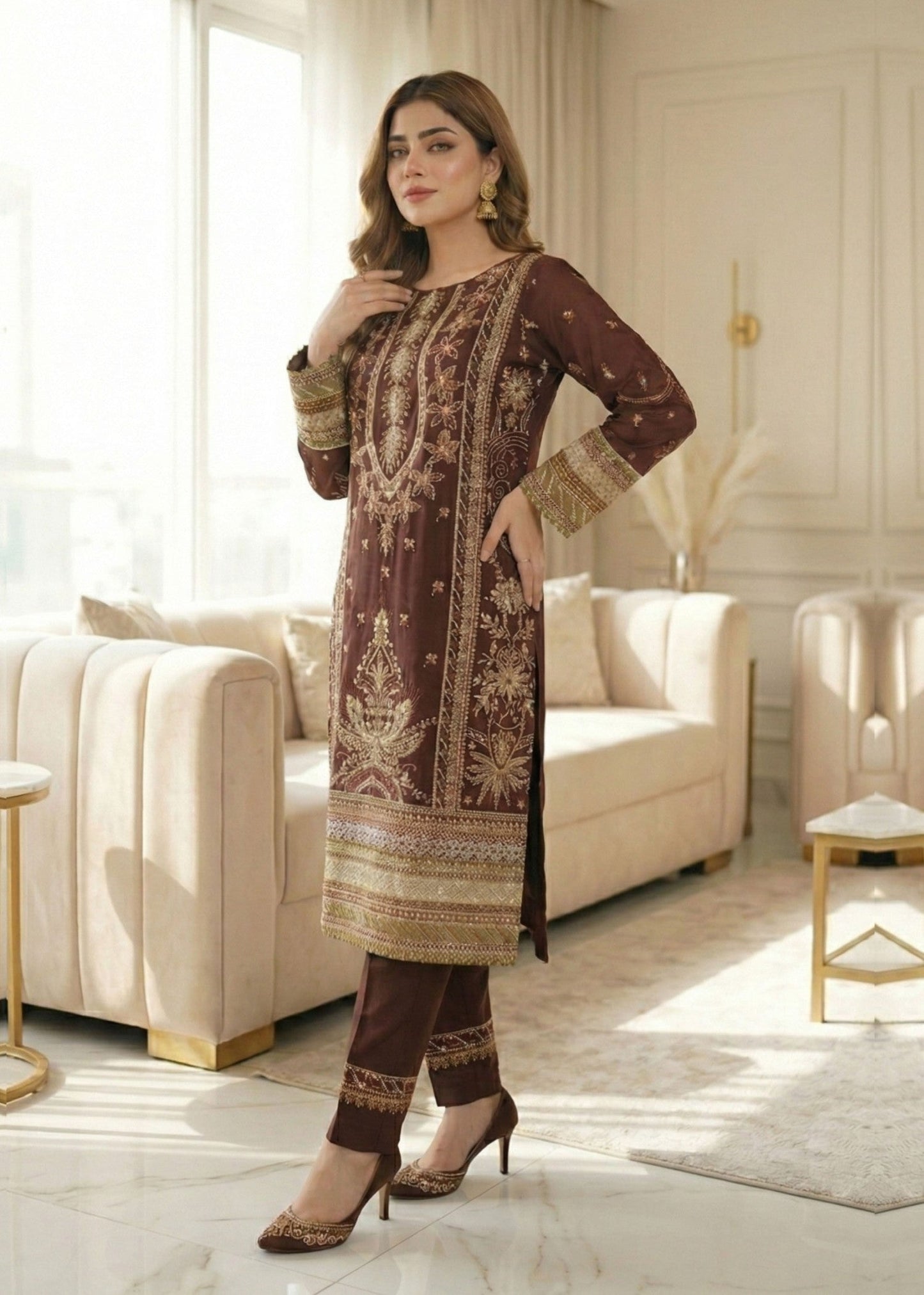 Festive Wear Coffee Brown Organza 3 Piece Suit Online in Sri Lanka India Australia