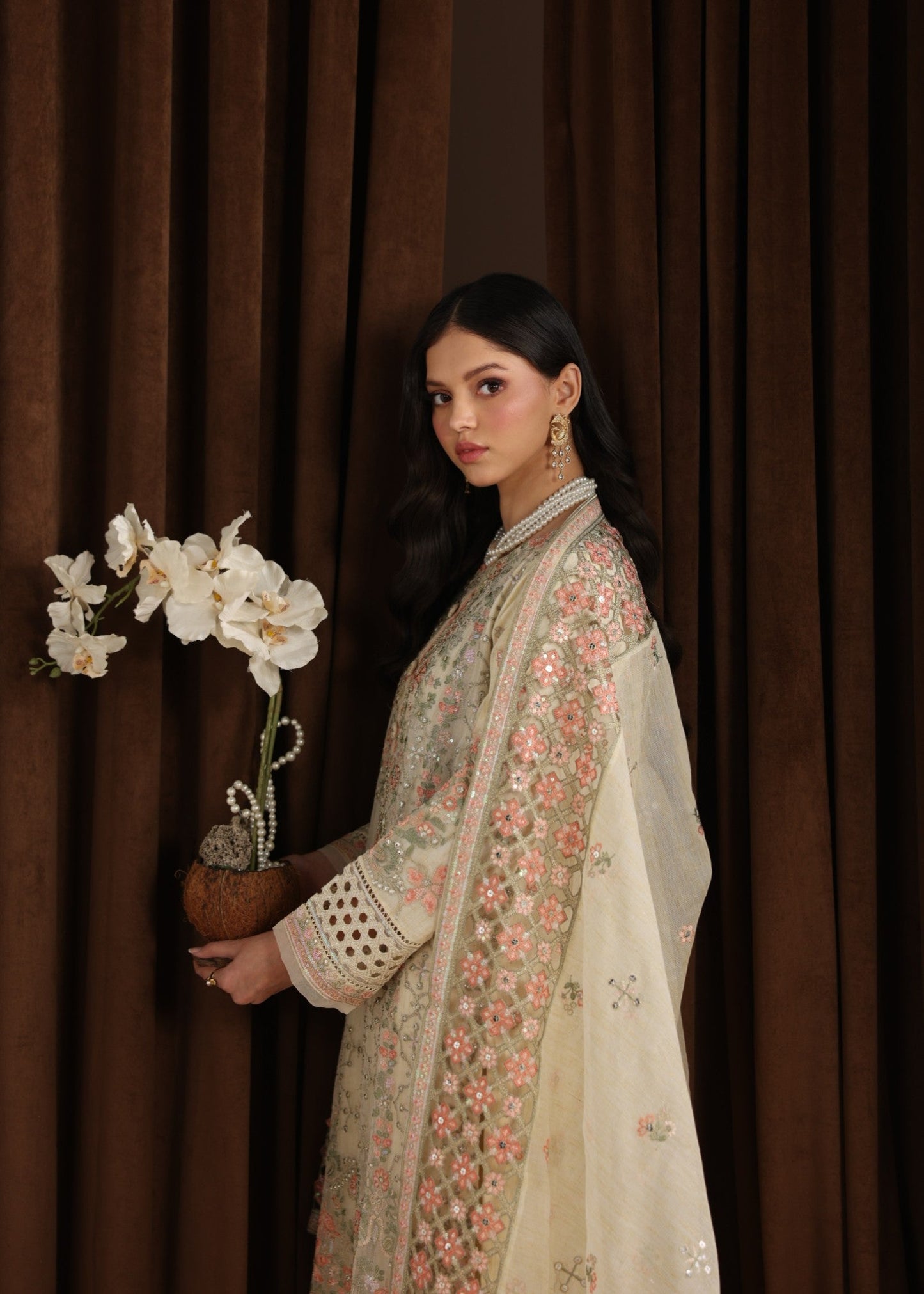 Festive Wear Cream Embroidered Khaddi Net Suit Online in Dubai DXB UAE Abudhabi Meena Bazaar