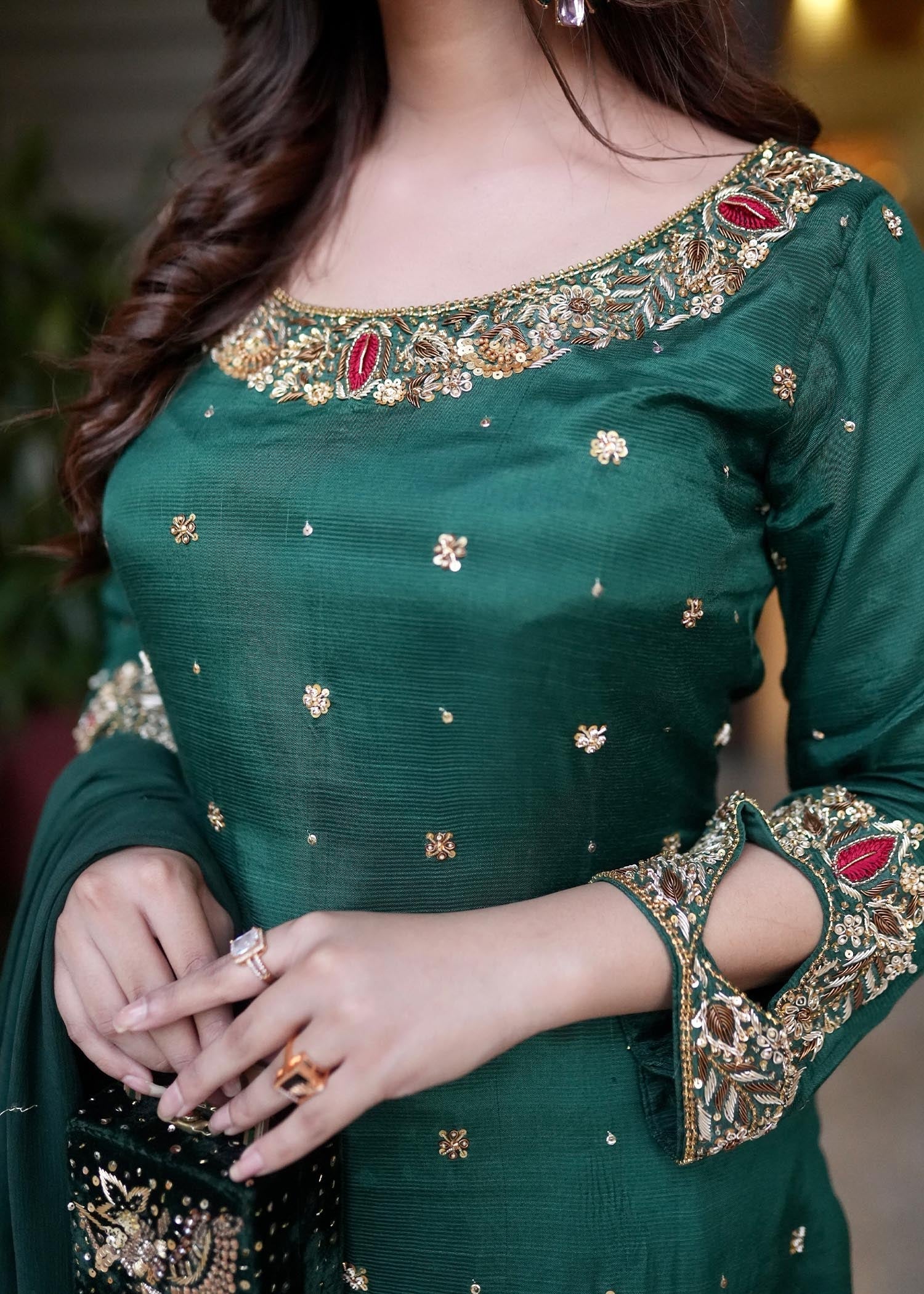 Festive Wear Green Raw Silk Pakistani Suit Online in Dubai DXB UAE Abudhabi Meena Bazaar