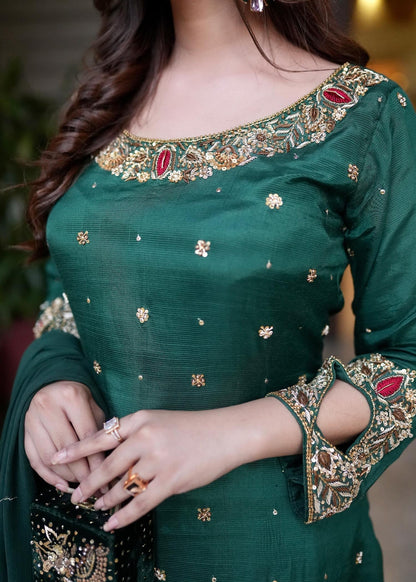 Festive Wear Green Raw Silk Pakistani Suit Online in Dubai DXB UAE Abudhabi Meena Bazaar