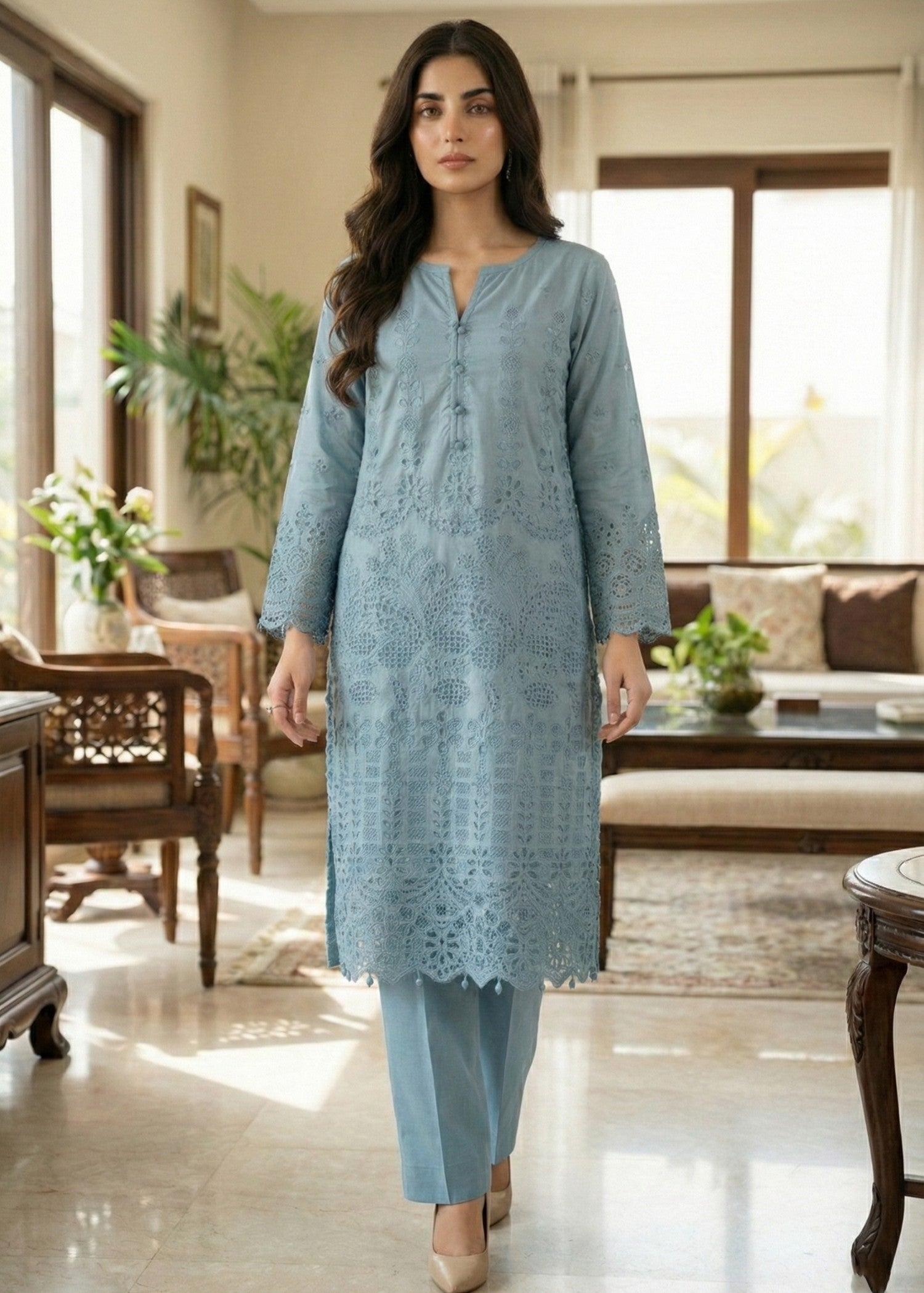 Festive Wear Grey Blue Chikankari Cotton 3 Piece Suit Online in Sri Lanka India Australia