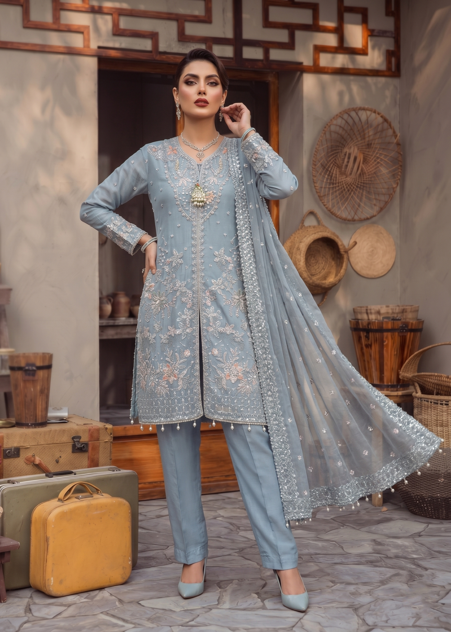 Festive Wear Grey Blue Embroidered Organza Suit Online in Sri Lanka India Australia