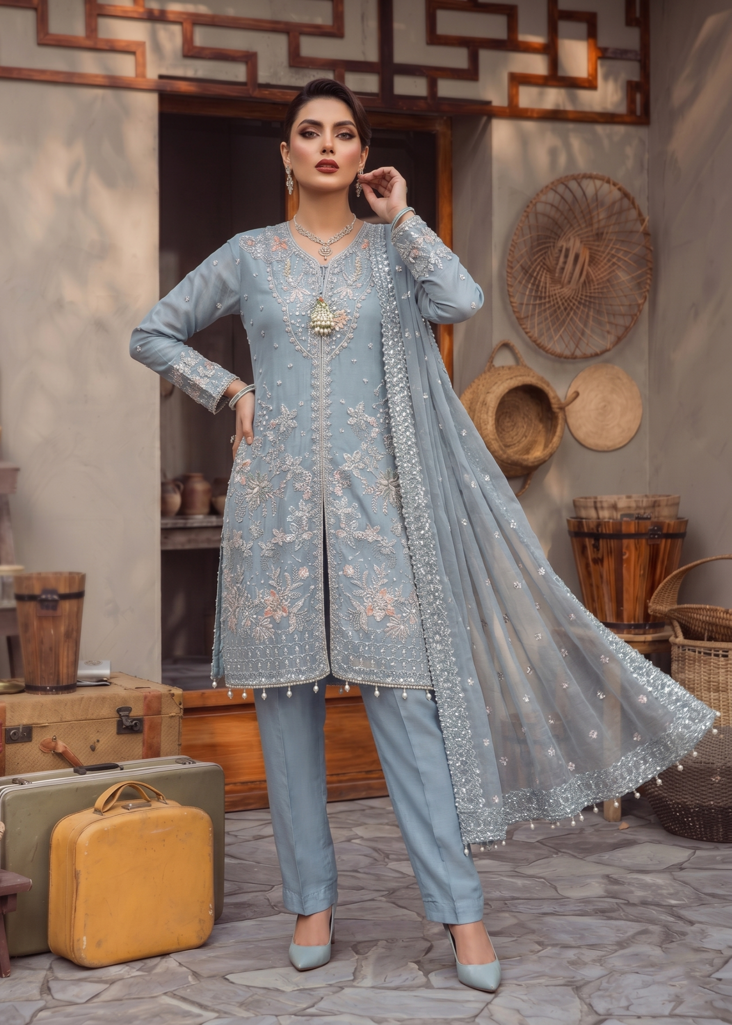 Festive Wear Grey Blue Embroidered Organza Suit Online in Sri Lanka India Australia