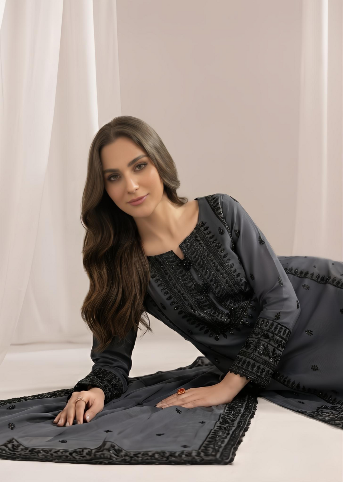 Festive Wear Grey Embroidered Bemberg Crinkle Chiffon Suit Online in Dubai DXB UAE Abudhabi Meena Bazaar