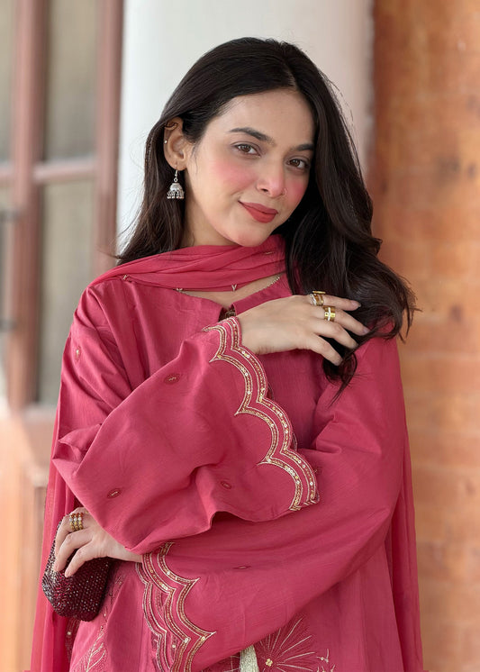 Festive Wear Hot Pink Embroidered Raw Silk Farshi Shalwar Online in Dubai DXB UAE Abudhabi Meena Bazaar