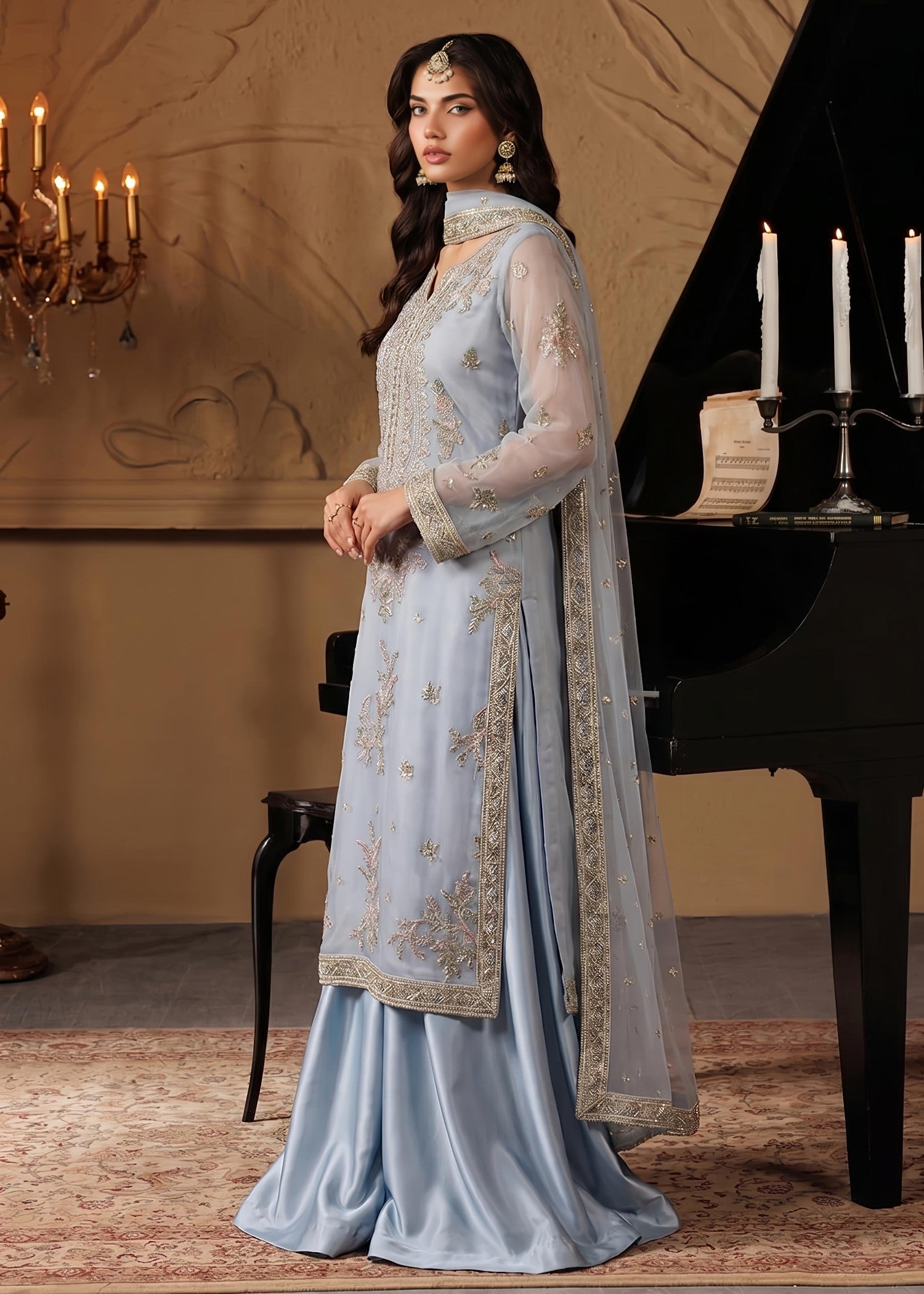Festive Wear Ice Blue Net Sharara with Dupatta Online in Sri Lanka India Australia