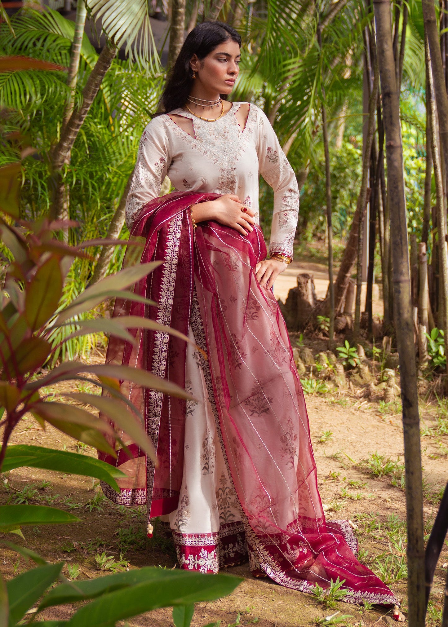 Festive Wear Ivory Embroidered Lawn Suit with Organza Dupatta Online in Sri Lanka India Australia