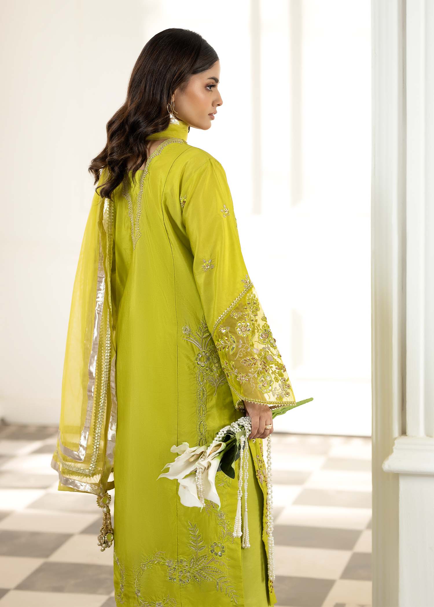 Festive Wear Key Lime Silk Suit with Net Dupatta Online in Sri Lanka India Australia