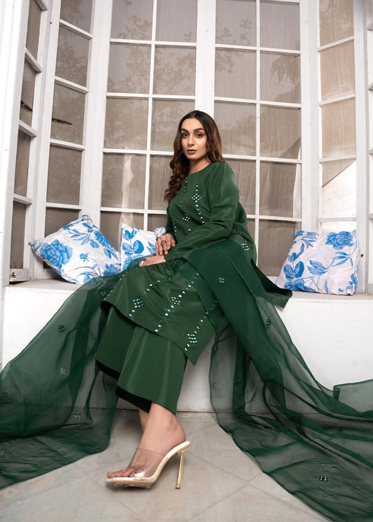 Festive Wear Ladies Bottle Green Kattan Silk Salwar Kameez Online in KSA Riyadh Saudi Arabia Oman Bahrain Qatar