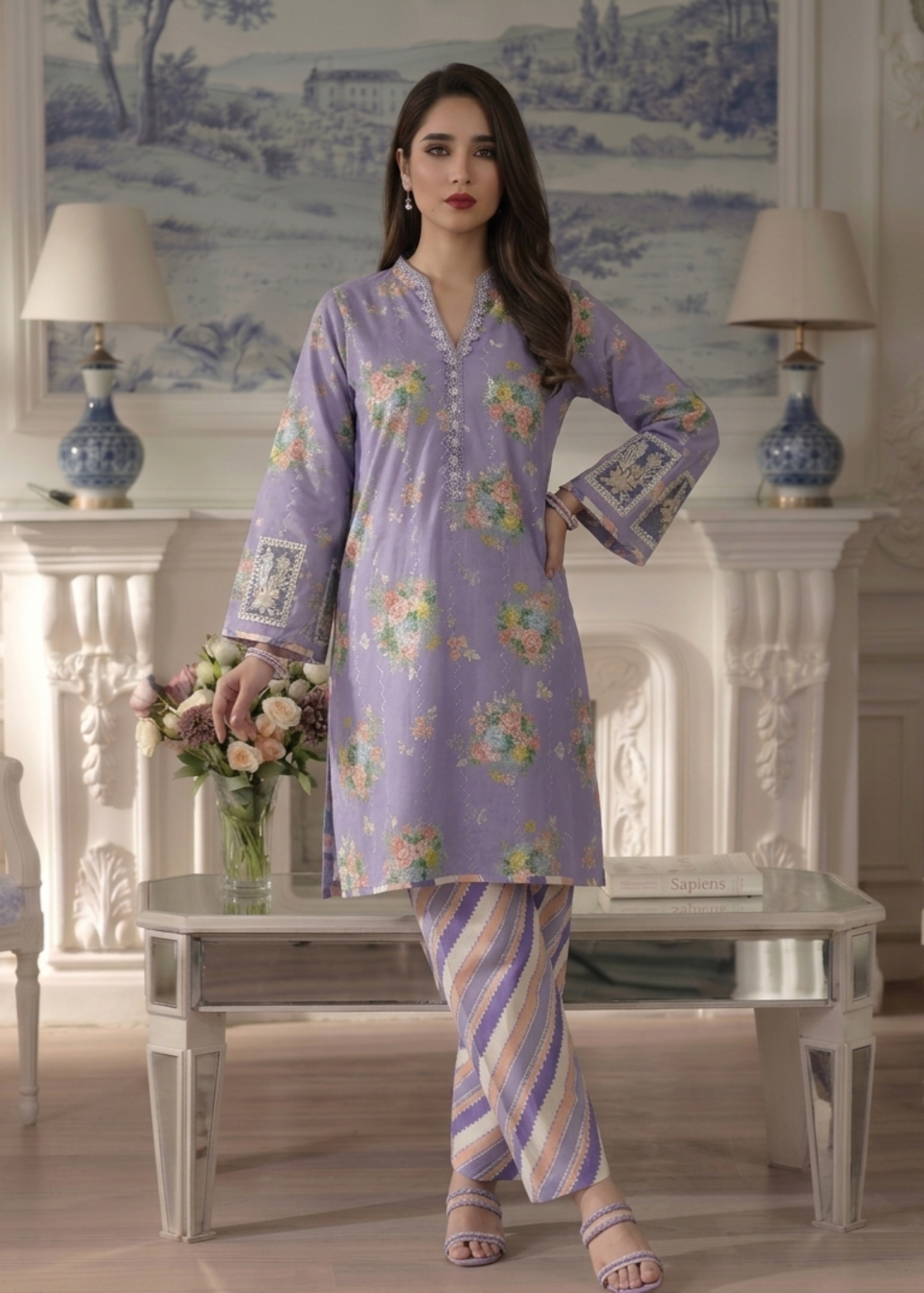 Festive Wear Lavender Grey Lawn Suit Online in Sri Lanka India Australia