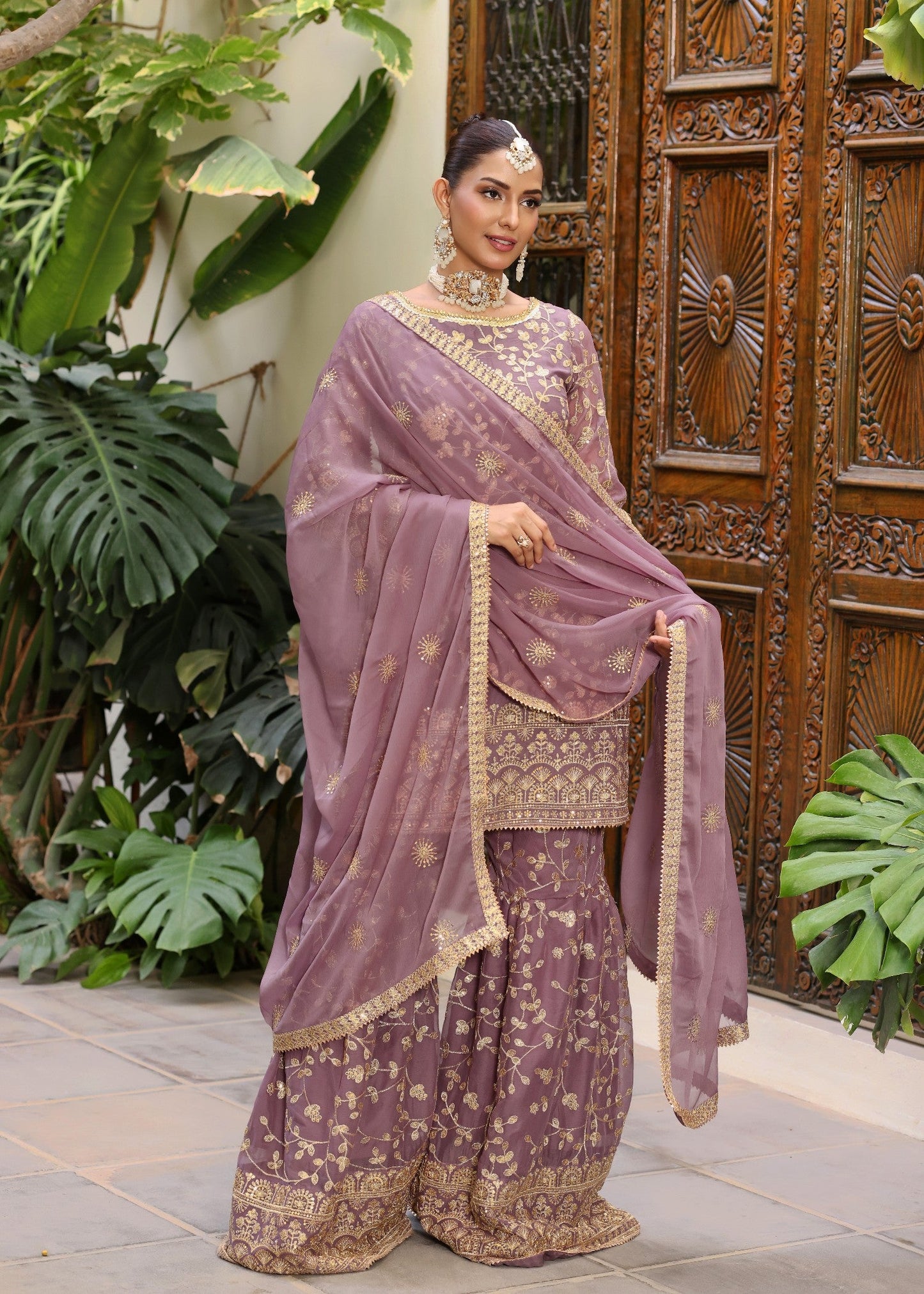 Festive Wear Lilac Embroidered Chiffon Three Piece Online in Sri Lanka India Australia