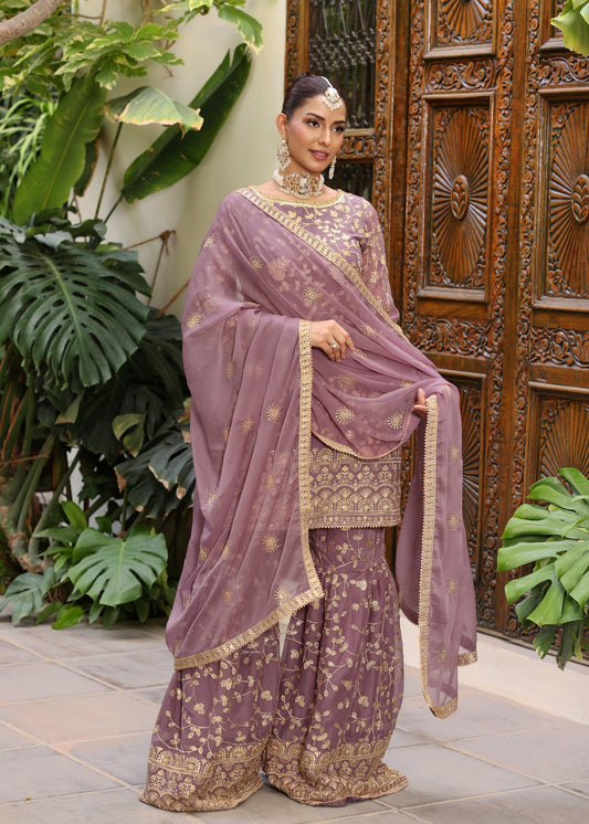 Festive Wear Lilac Embroidered Chiffon Three Piece Online in Sri Lanka India Australia
