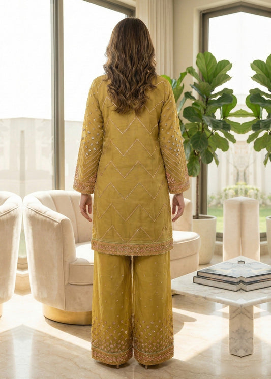 Festive Wear Marigold Raw Silk Embroidered Suit Online in Sri Lanka India Australia