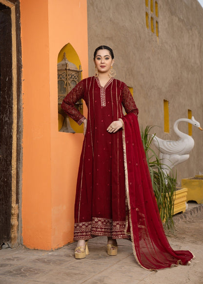 Festive Wear Maroon Chiffon Embroidered Suit Online in Dubai DXB UAE Abudhabi Meena Bazaar