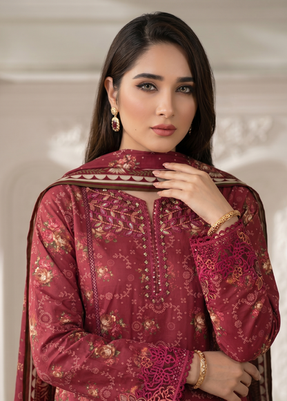 Festive Wear Maroon Embroidered Lawn Suit Online in Dubai DXB UAE Abudhabi Meena Bazaar