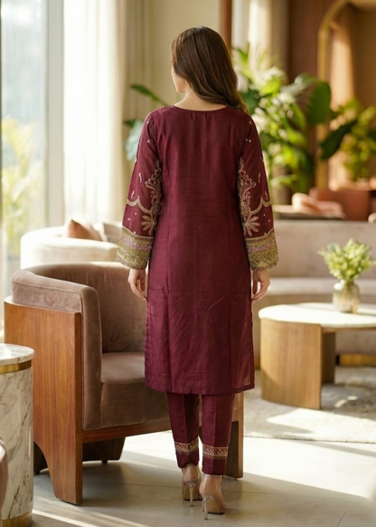 Festive Wear Maroon Embroidered Organza Dress Material Online in Sri Lanka India Australia