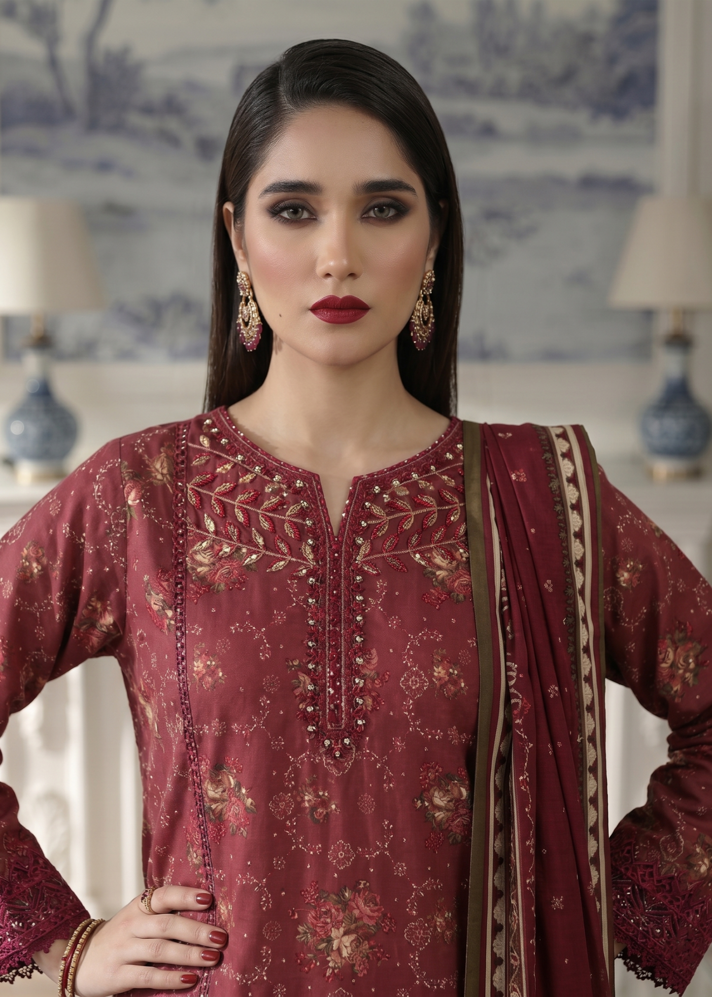 Festive Wear Maroon Lawn Embroidered Suit Online in Sri Lanka India Australia