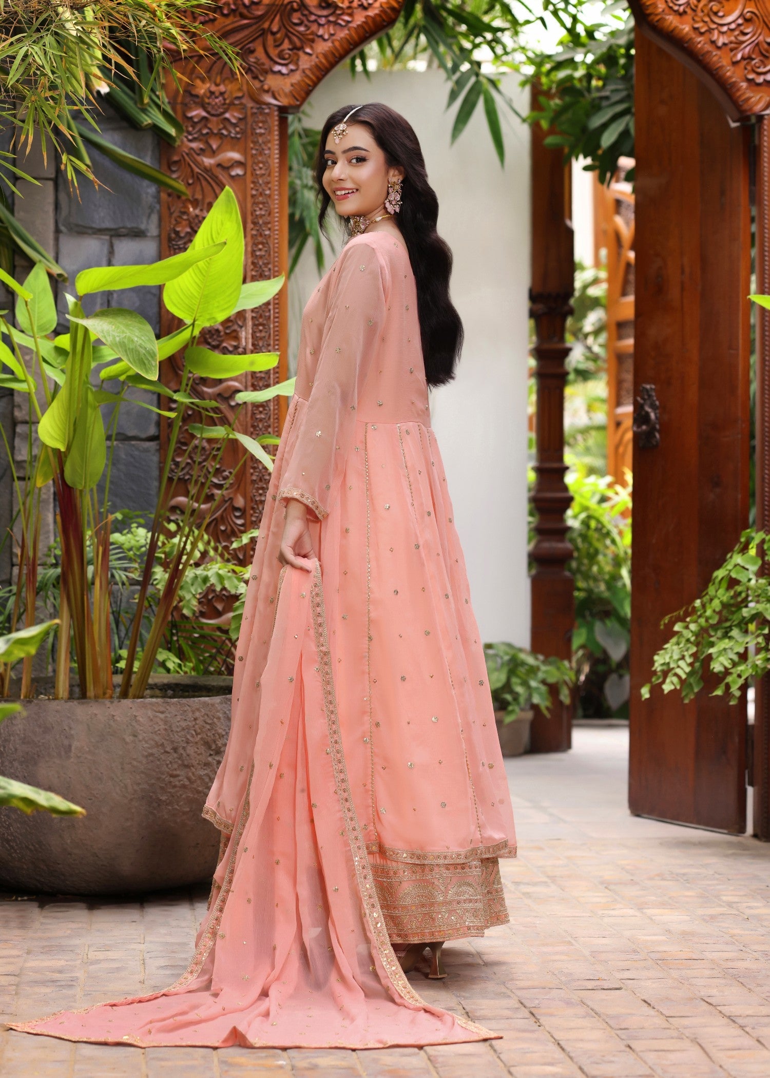 Festive Wear Melon Pink Chiffon Pishwas with Dupatta Online in Sri Lanka India Australia