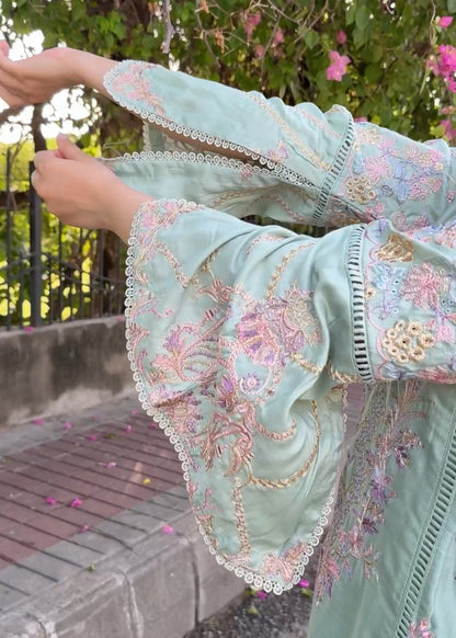 Festive Wear Mint Green Embroidered Cotton Silk Suit Online in Sri Lanka India Australia