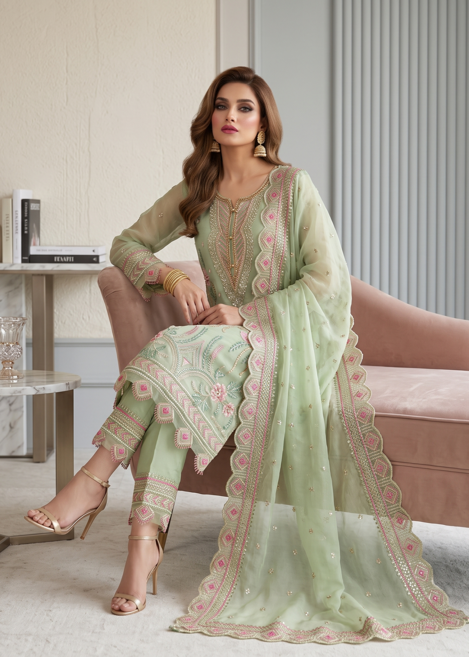 Festive Wear Moss Green Organza Pakistani Suit Online in Sri Lanka India Australia