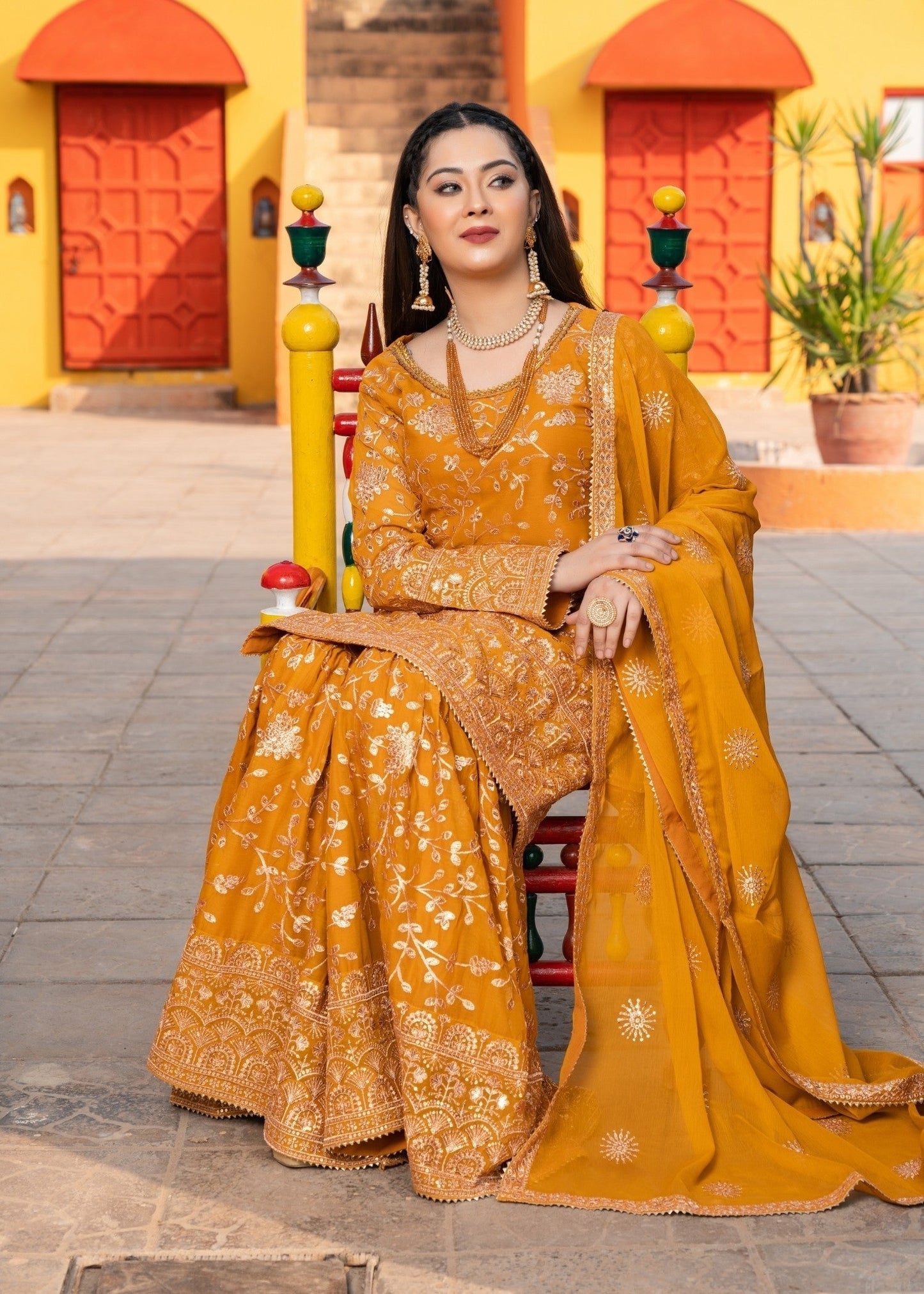 Festive Wear Mustard Chiffon 3 Piece Suit Online in Sri Lanka India Australia