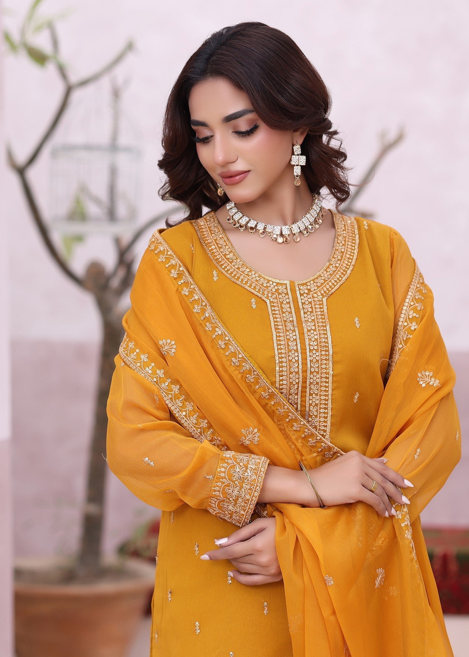 Festive Wear Mustard Chiffon Suit Online in Sri Lanka India Australia