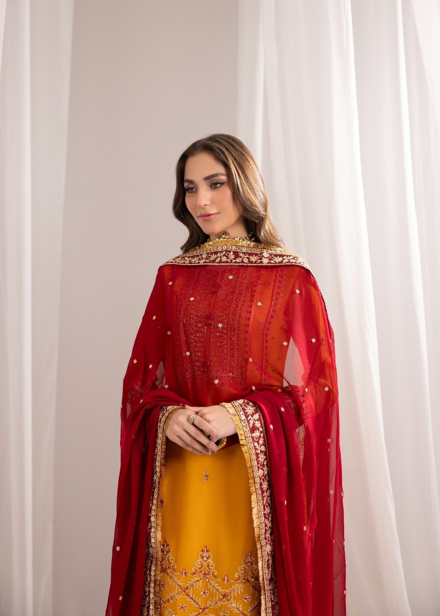 Festive Wear Mustard Embroidered Chiffon Pakistani Suit Online in KSA Riyadh Saudi Arabia Oman Bahrain Qatar
