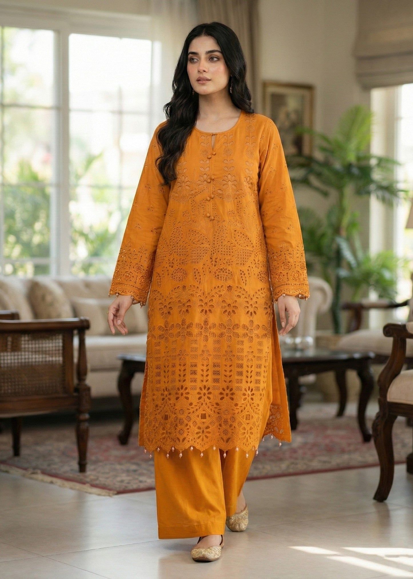 Festive Wear Mustard Embroidered Cotton Salwar Kameez Online in KSA Riyadh Saudi Arabia Oman Bahrain Qatar