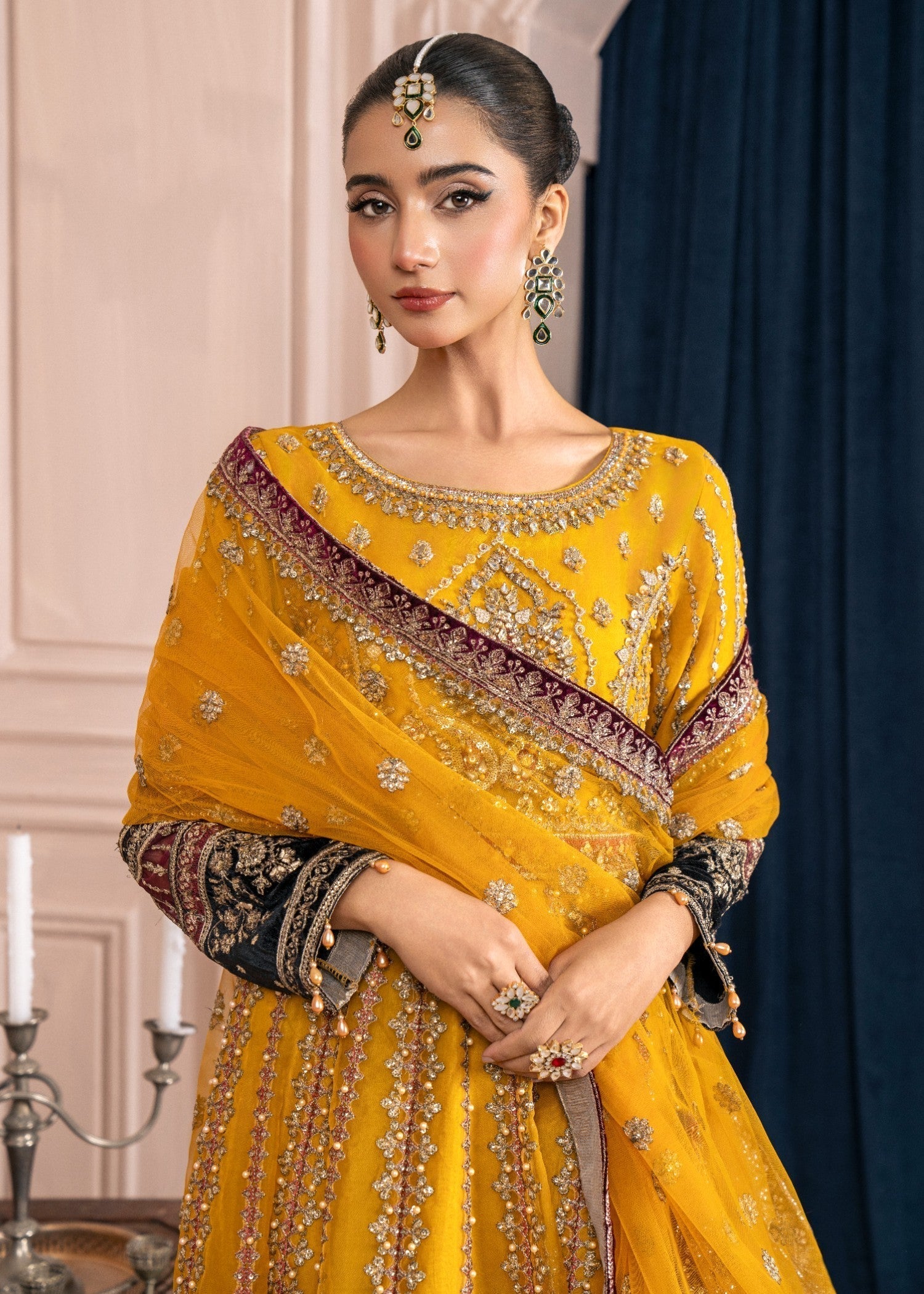Festive Wear Mustard Embroidered Organza Dress Material Online in Sri Lanka India Australia