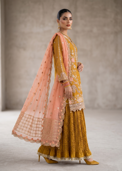 Festive Wear Mustard Organza Embroidered Suit Online in Sri Lanka India Australia