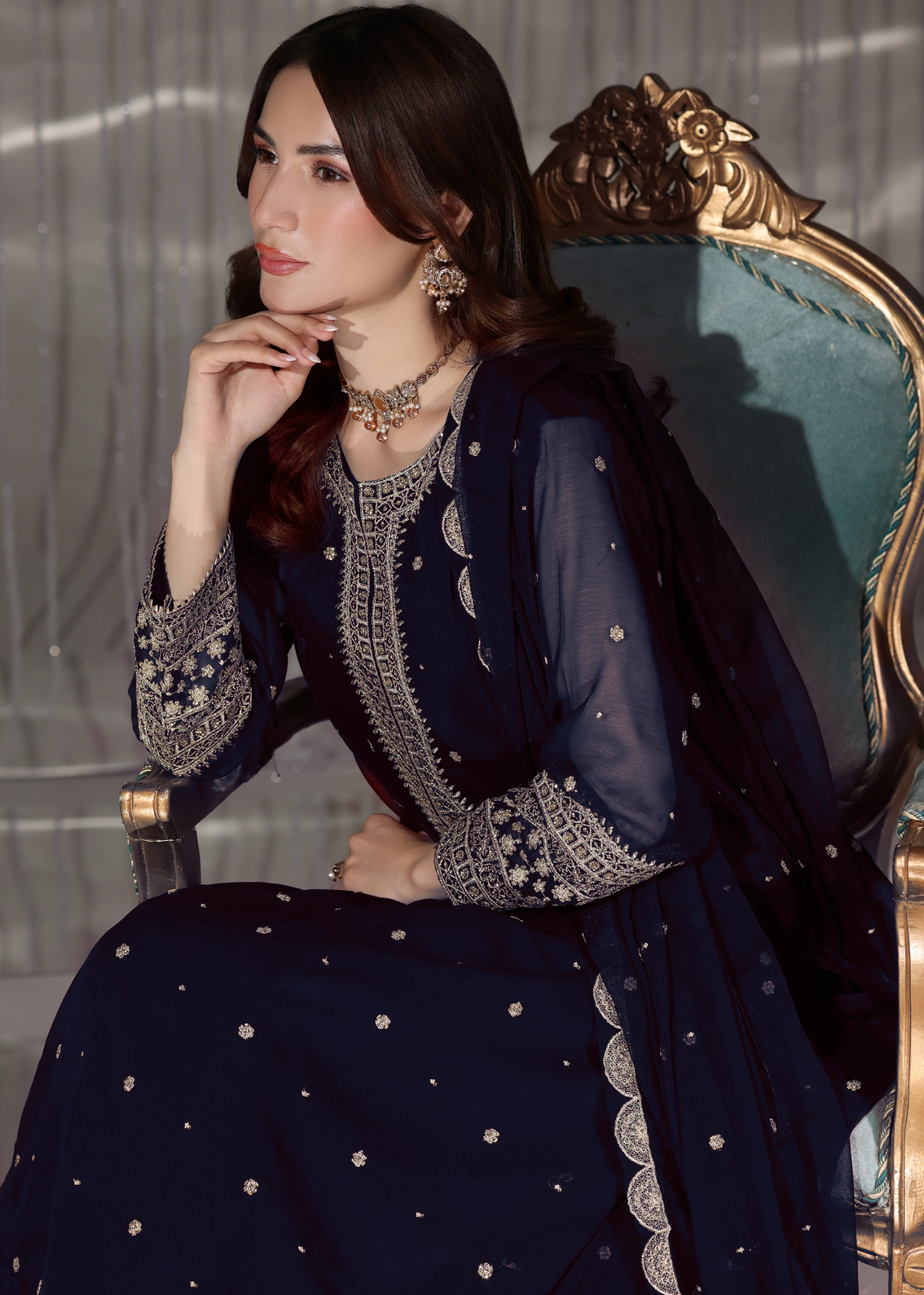 Festive Wear Navy Blue Embroidered Chiffon Outfit Online in Sri Lanka India Australia