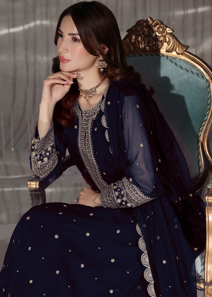 Festive Wear Navy Blue Embroidered Chiffon Outfit Online in Sri Lanka India Australia