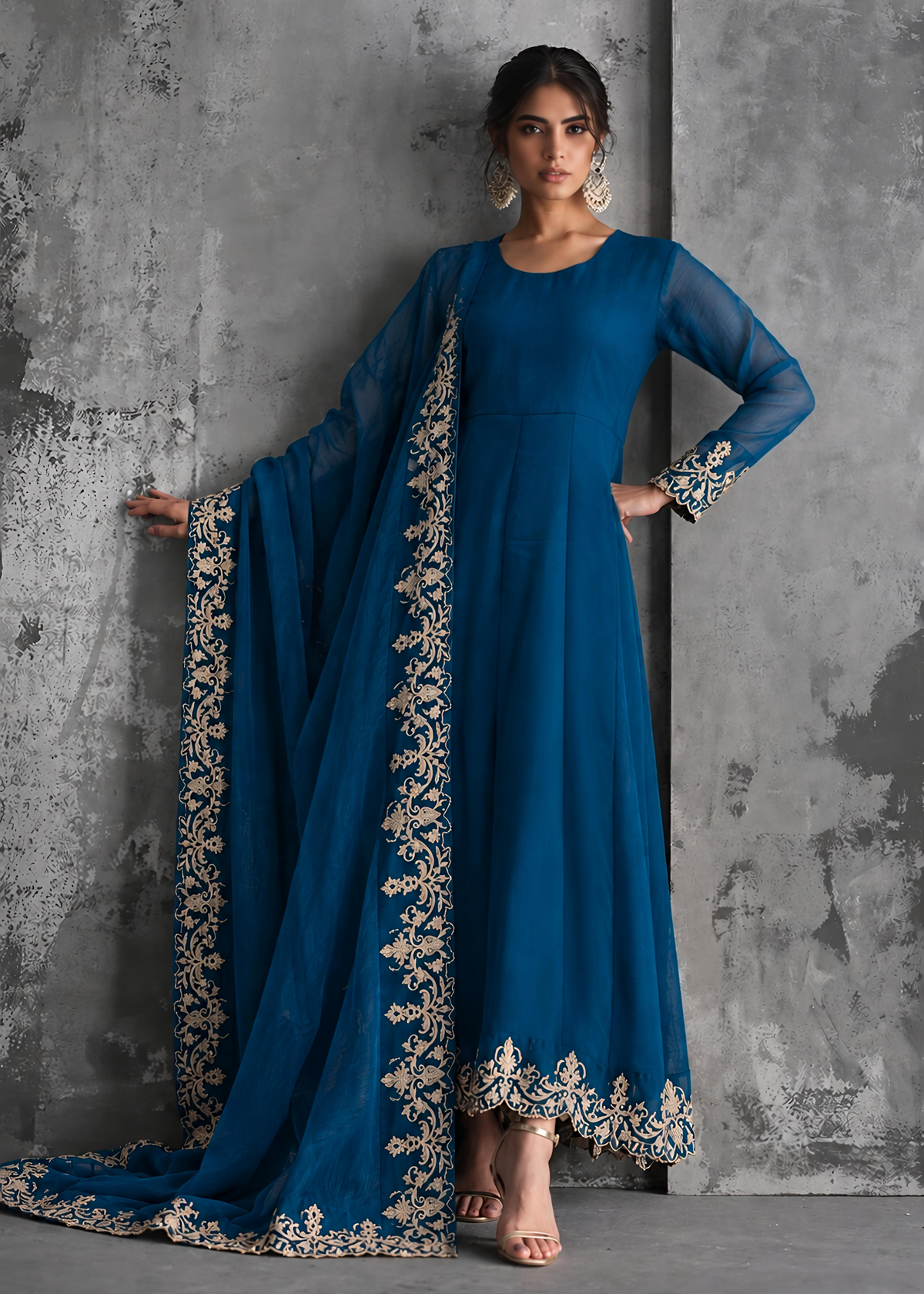 Festive Wear Ocean Blue Embroidered Chiffon Maxi Online in Dubai DXB UAE Abudhabi Meena Bazaar