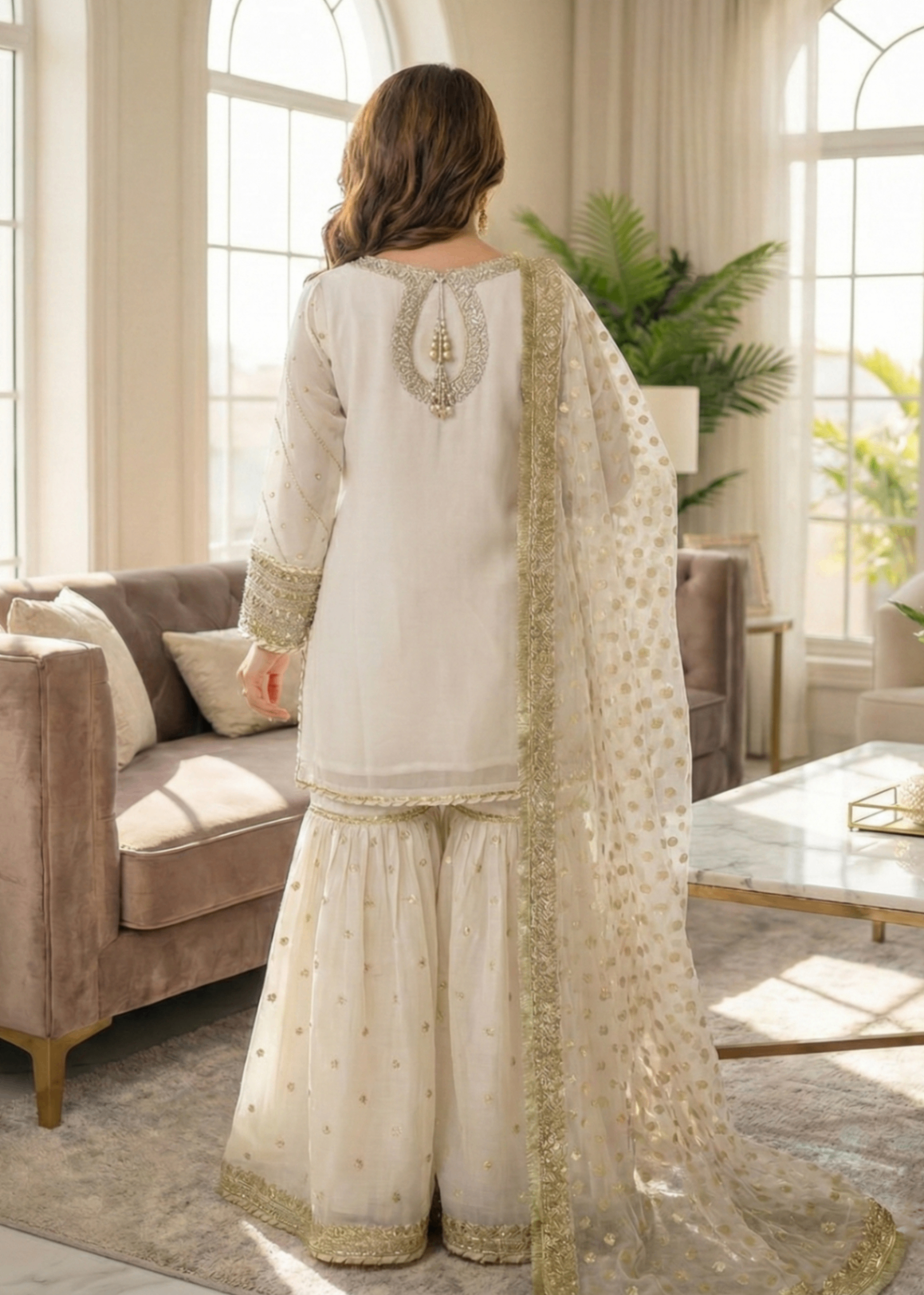 Festive Wear Off-White Chiffon Gharara Online in Sri Lanka India Australia