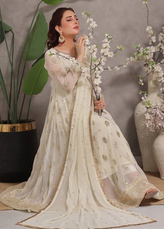 Festive Wear Off-White Chiffon Pishwas Online in Sri Lanka India Australia