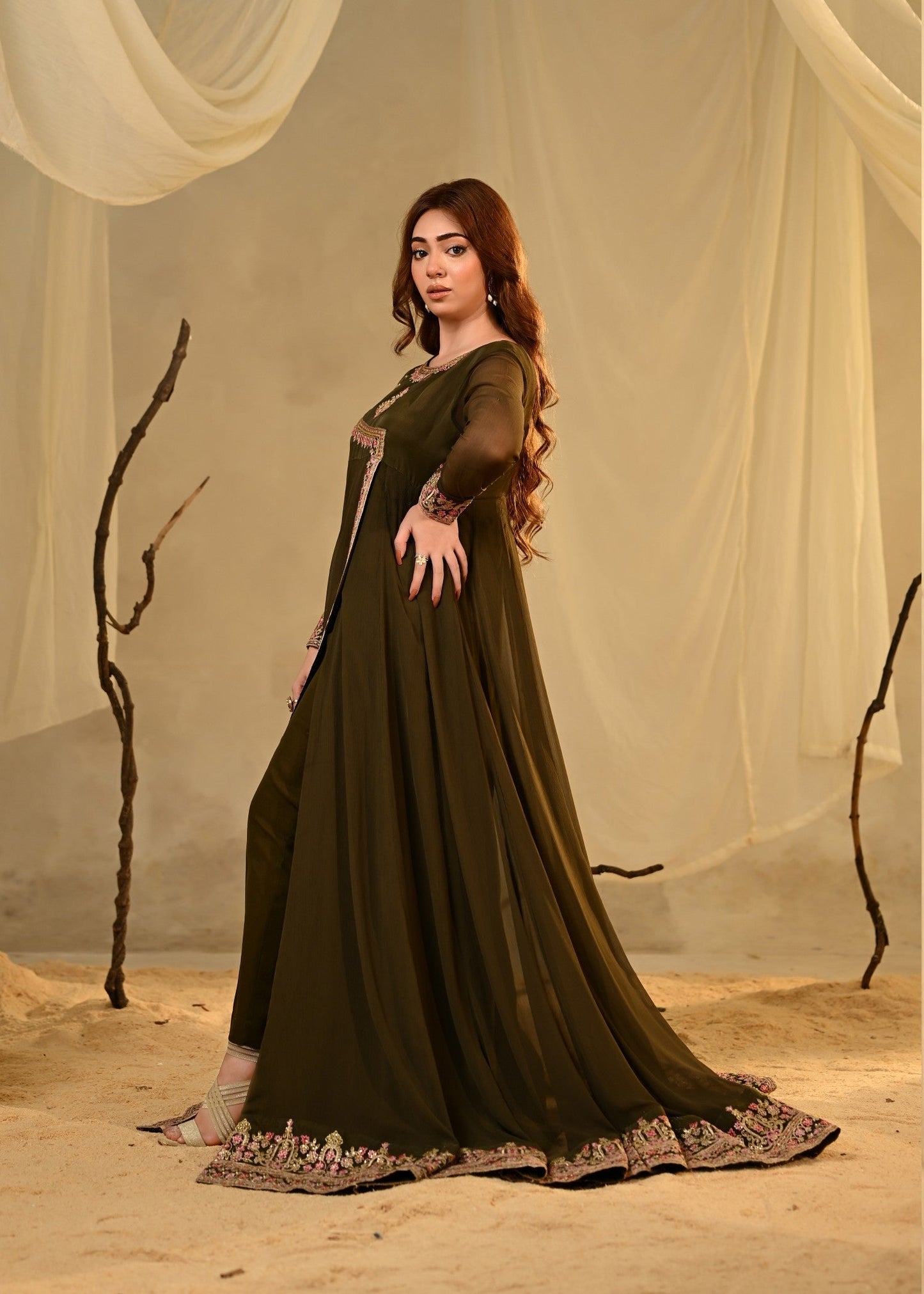Festive Wear Olive Green Chiffon Kurta Set Online in Sri Lanka India Australia