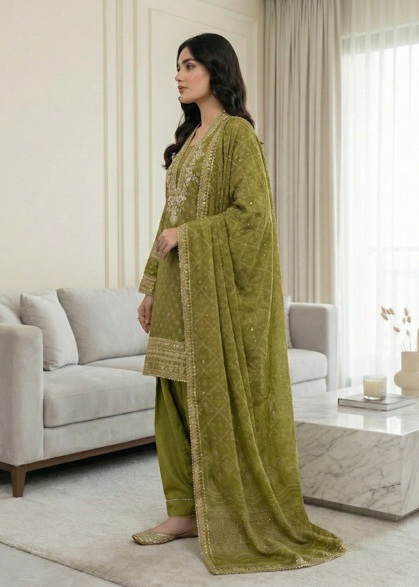 Festive Wear Olive Green Chiffon Pakistani Suit Online in Sri Lanka India Australia