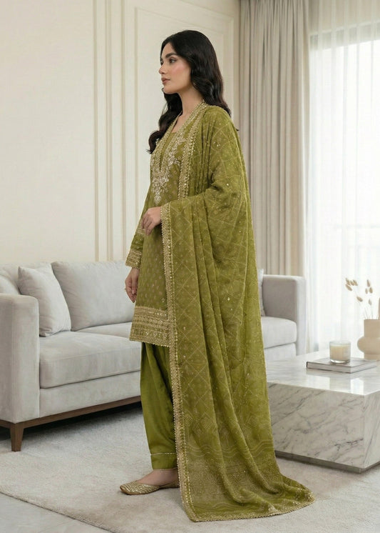 Festive Wear Olive Green Chiffon Pakistani Suit Online in Sri Lanka India Australia