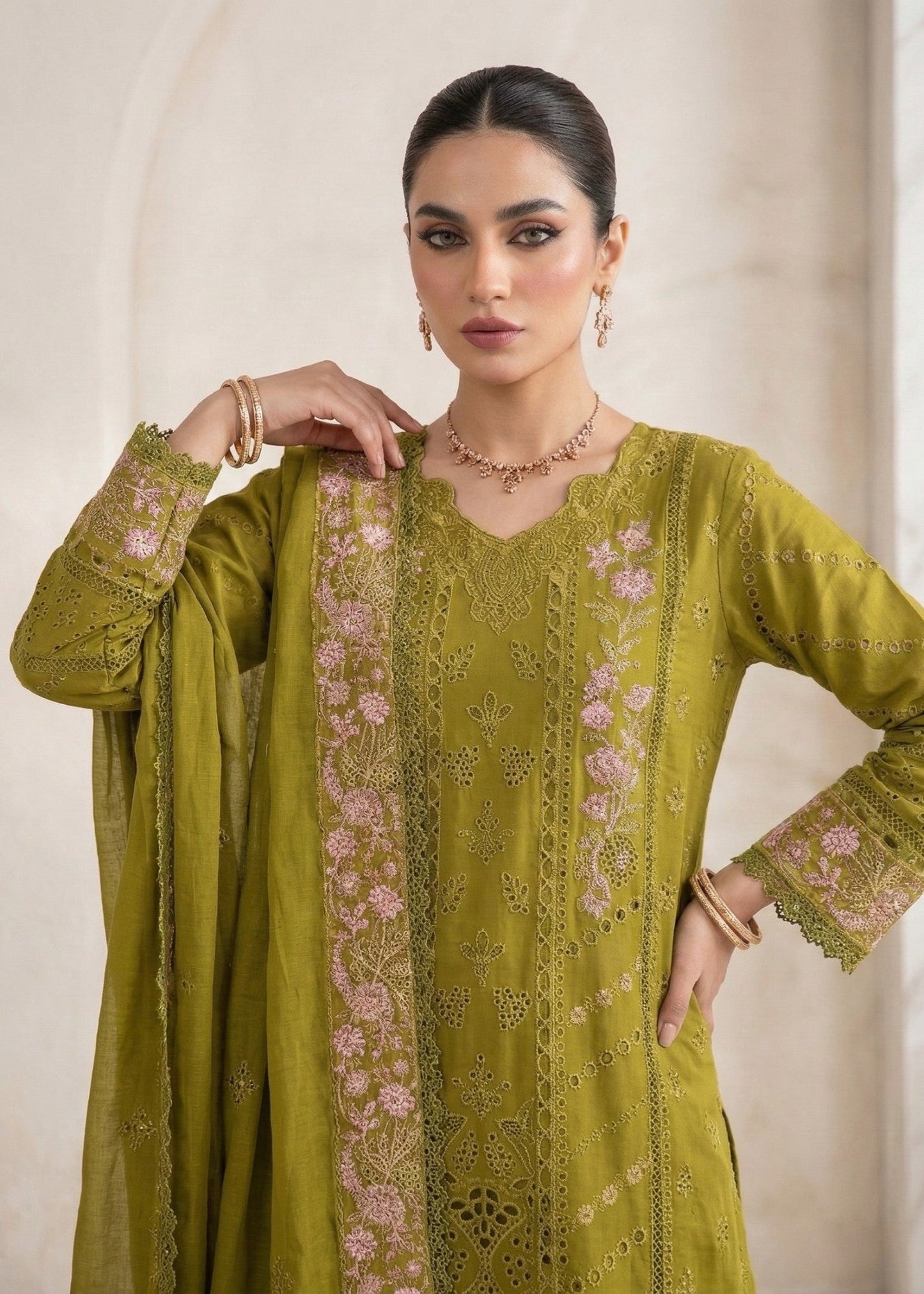 Festive Wear Olive Green Lawn 3 Piece Suit Online in Sri Lanka India Australia