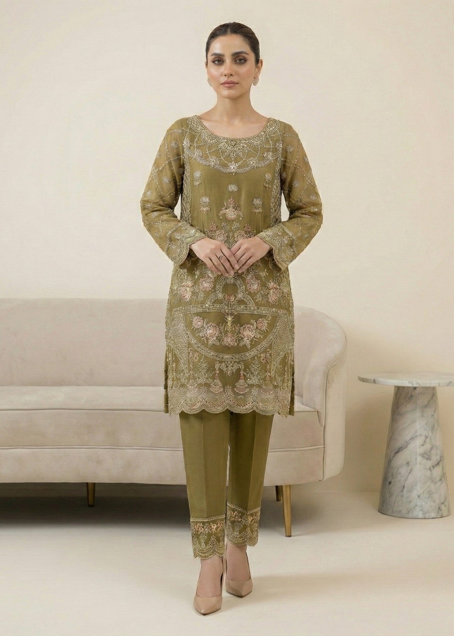 Festive Wear Olive Green Organza Three Piece Suit Online in Sri Lanka India Australia